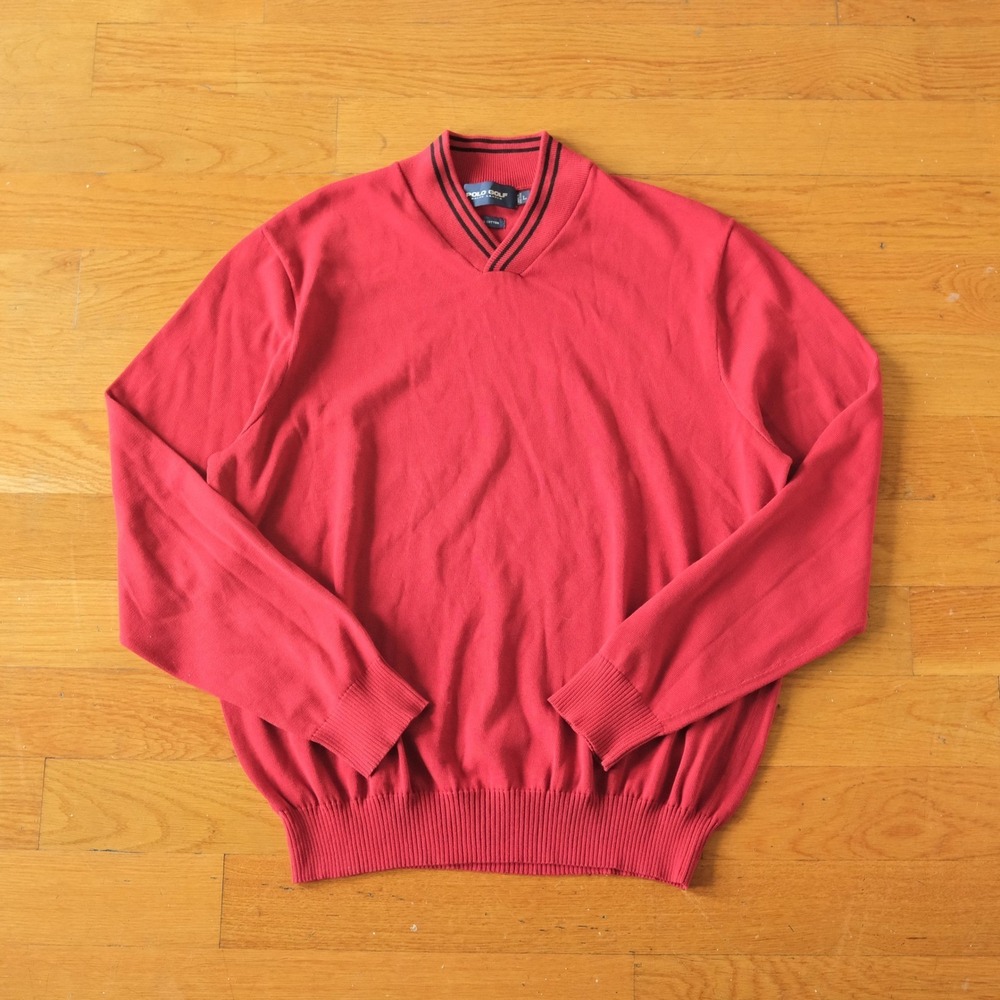 Polo Golf Ralph Lauren Sweater Mens Red V-Neck Cotton Preppy L Pullover 2540